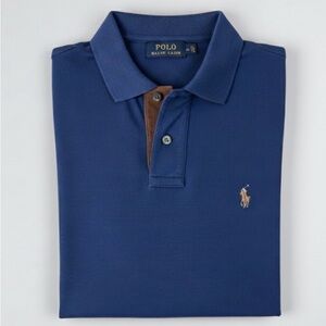 Ralph Lauren Long Sleeve Pima Polo Preppy  Navy Suede Trim Classic Fit L Men's